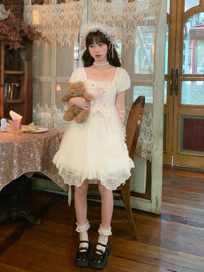 Puff Lolita Dress Waist Big and Fairy Tale Print Apricot Square Casual Sleeves Bow Short Sweet Neckline