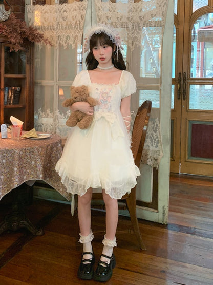 Sweet Fairy Tale Print Apricot Square Puff Short Casual Bow Big Lolita Dress Waist Neckline Sleeves and