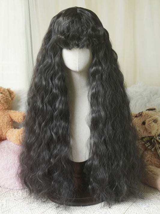 Black/Caramel/Blonde/Light Blonde Hip Length Wavy Wig With Curly Bangs