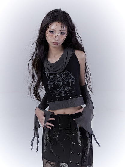 Sleeveless Top Armwear Print Punk Studded Black Cross Wing with Free