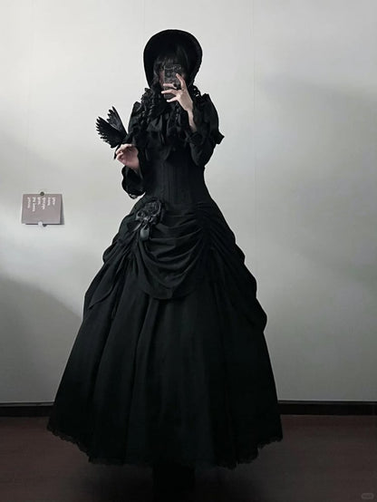 Black Boned High Waist Witch Victorian Goth Lolita Drawstring Skirt