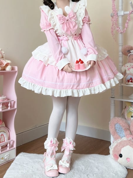 Ears Sleeves Short Sailor Apron Lolita Dress Pink Maid Bunny White with Collar