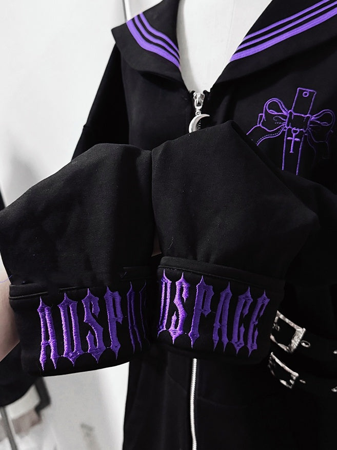 Purple Nautical in Collar Sailor - Jacket Style Black