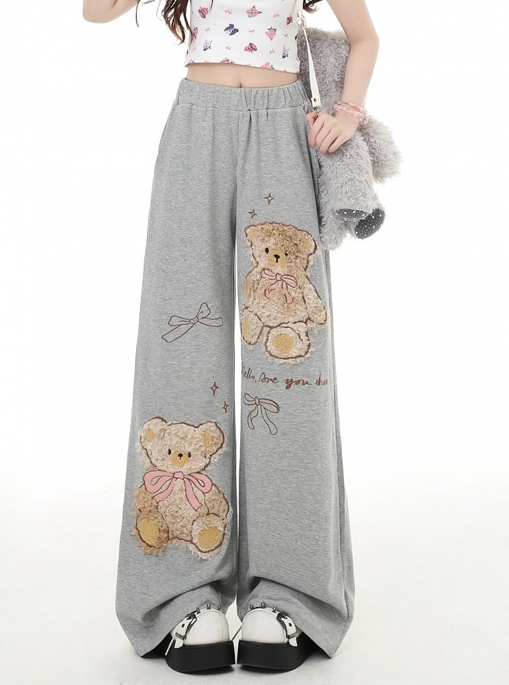 Coffee/Gray Plush Teddy Bear Applique Straight-Leg Pants