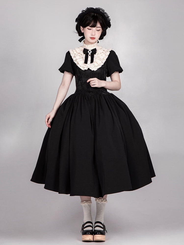 Robe noire longue à taille baleinée et décolleté carré, ensemble complet élégant Lolita