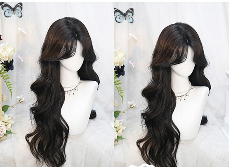 Black Tea Under Bust Length Wavy Wig with Curtain Bangs