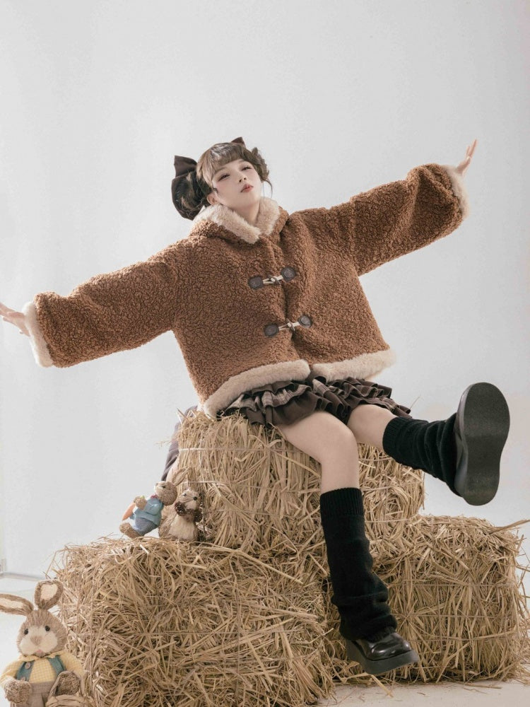 Brauner Fleece-Wintermantel mit Kapuze und Ohren des Kleinen Pandas