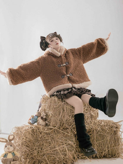 Brauner Fleece-Wintermantel mit Kapuze und Ohren des Kleinen Pandas