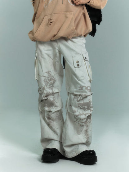 Punk White Streetwear Wide Leg Cargo Jeans