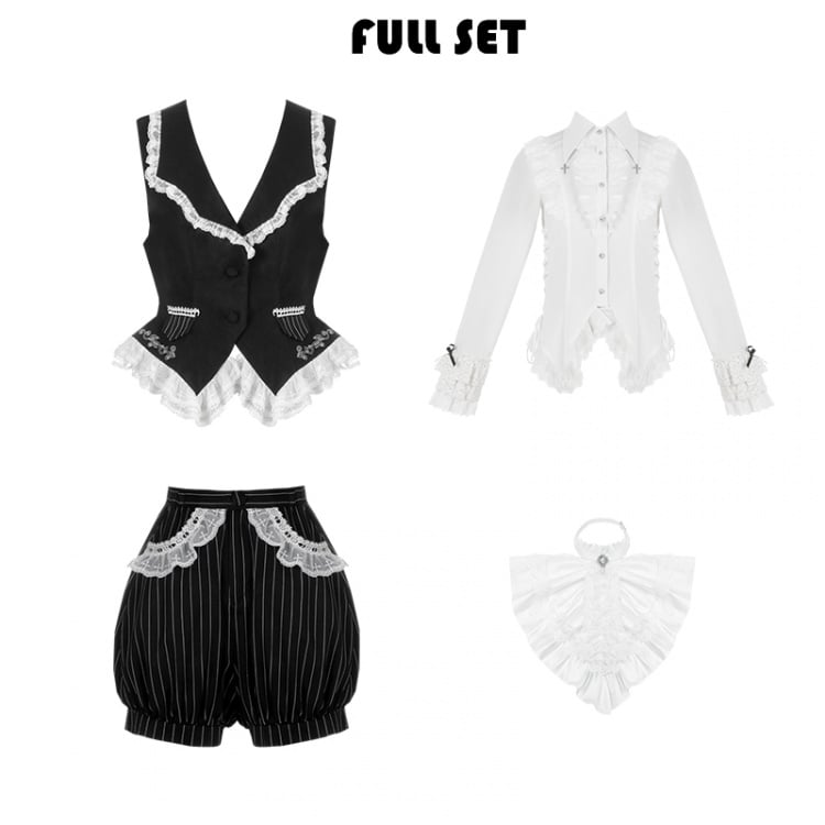 Black and White Ouji Lolita Full Set Shirt + Waistcoat + Shorts + Jabot