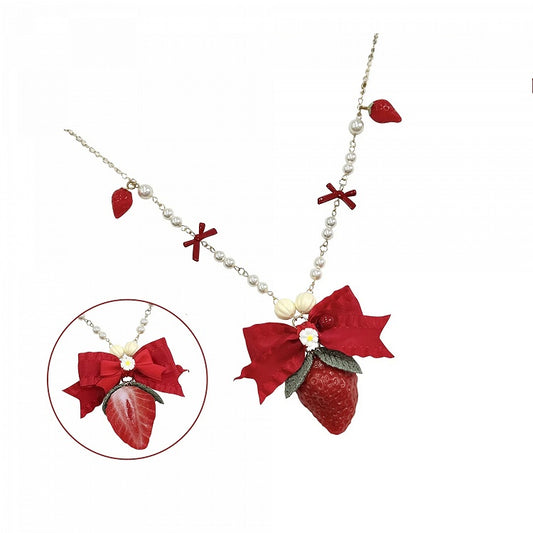 Necklace Pendant Bowknot Red Strawberry
