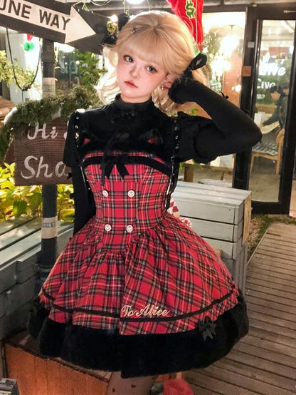 Robe à carreaux avec ourlet en peluche et oreilles de chat rouges de Noël, jupe pull Lolita