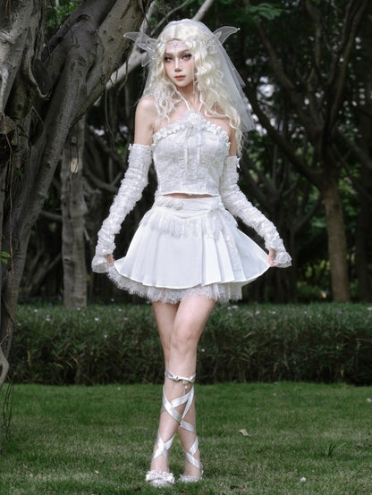 White Lace Raw Fairy Goth Pleated Skirt