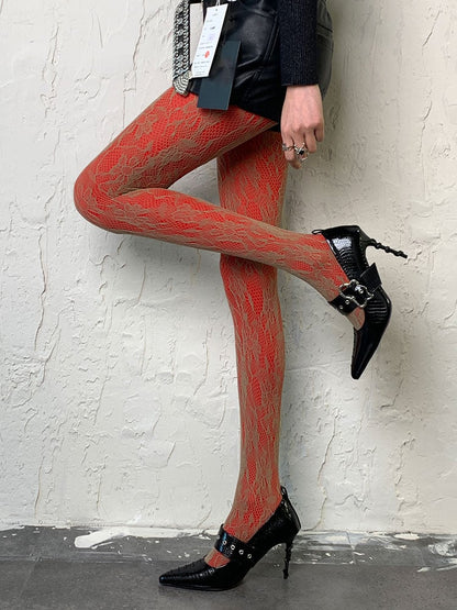 Brown Y2K Floral Hollow-out Tights