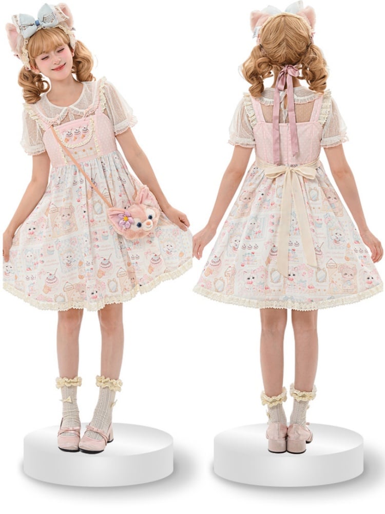 Sweet Lolita Dress Jumper Pink Flutter Sleeves Kitten and Cake Print Skirt