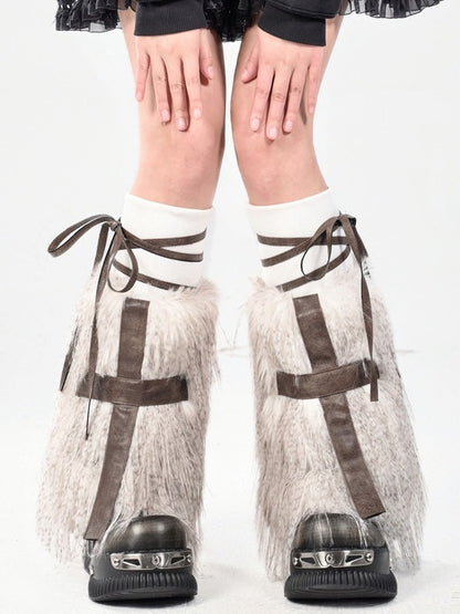 Coffee Gothic PU Cross Shaggy Leg Warmers