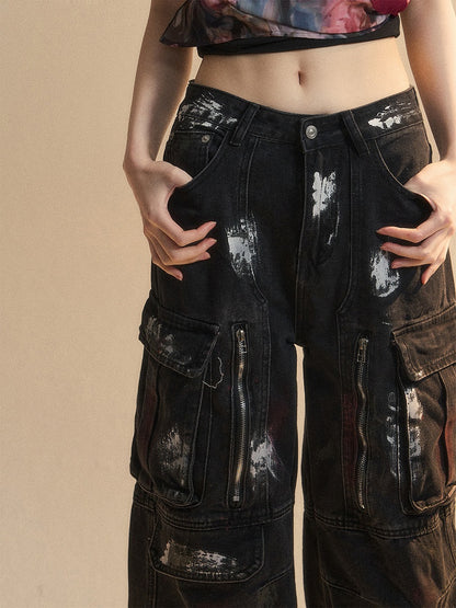 Zipper Details Spray Black Pockets Cargo Print Distressed Paint Wide-Leg Jeans