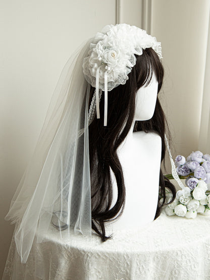 White Veil Hairband Flower Decoration Detachable with