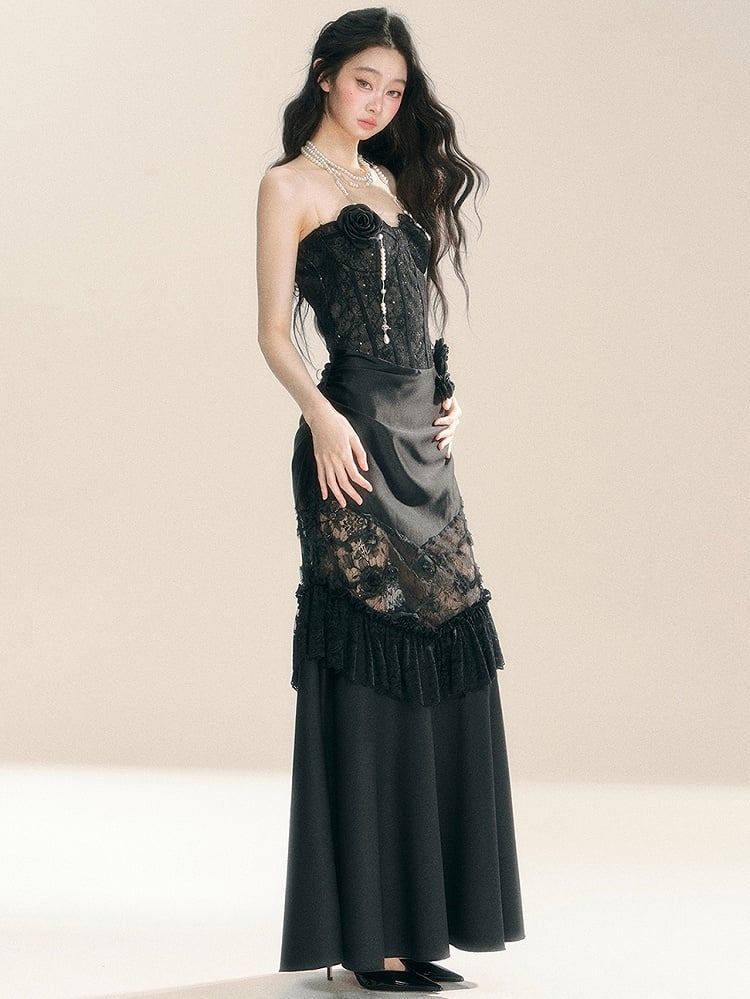 Black Floral Lace Corset Bodice Patchwork Dress Evening Gown