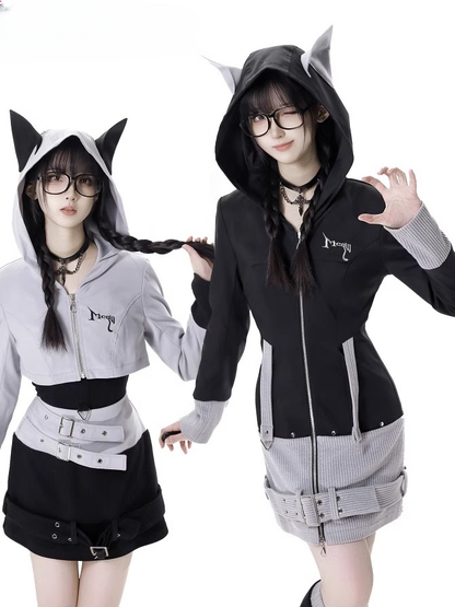 Black Strap and Design Hood Colorblock Wolf Ears Buckle Zip Closure Dress Gray Knit