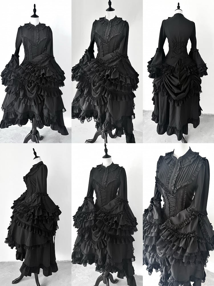 Ruffle Aristocrat Gothic Black Drawstring Layered Lolita High-low Skirt