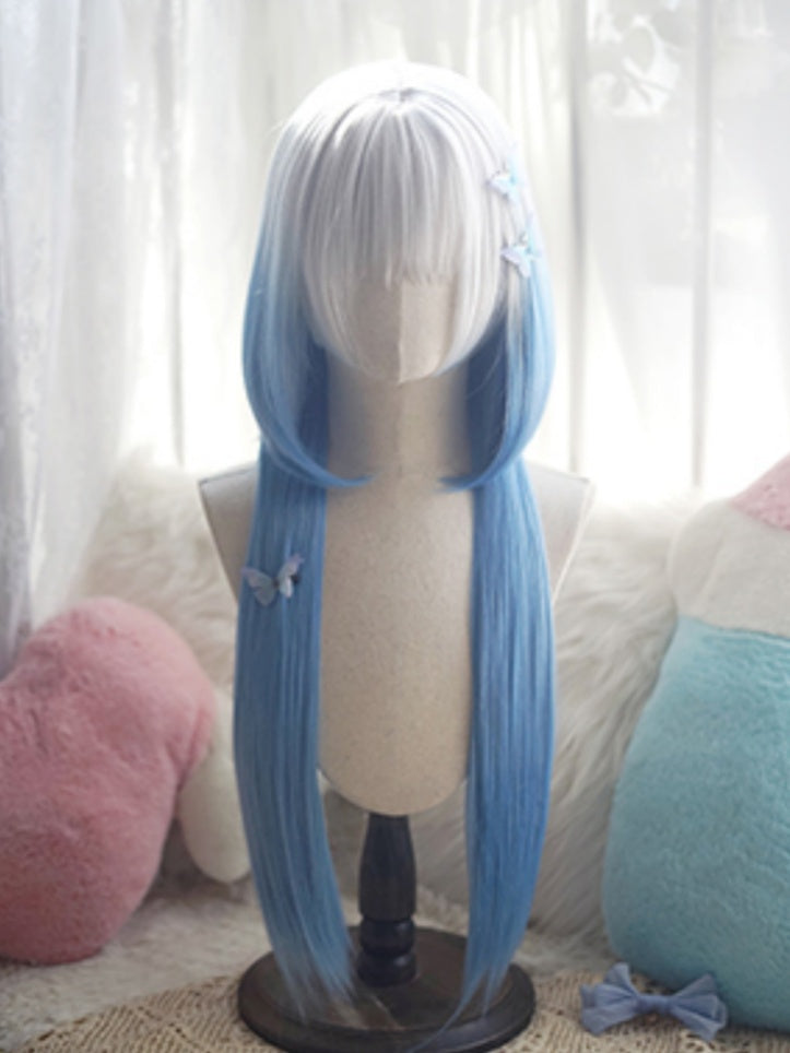 Black/Brown/Light Blonde/White&Blue Waist Length Straight Wig With Full Bangs
