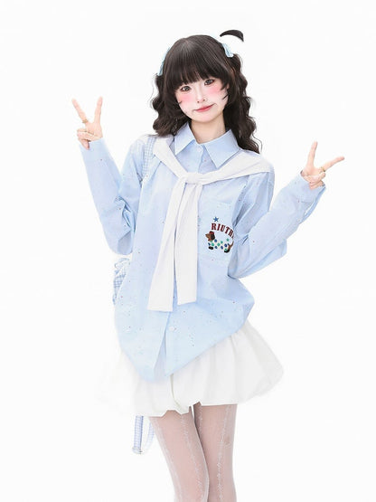 Short/long Sleeves Shirt with Decorated Blue Faux Sleeves and Adorable Dog Embroidery