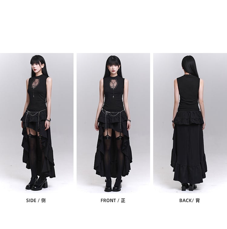 Necklace Tank Top Cross Coffin-Shaped Cutout Black with Studded Free