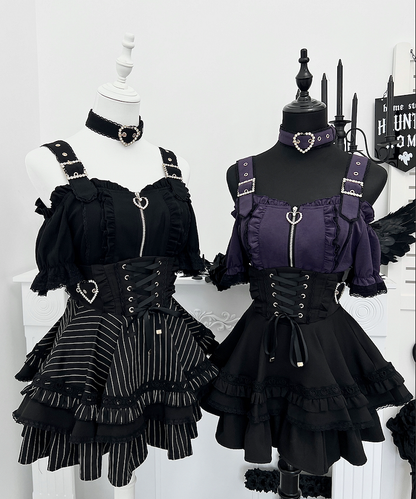 Striped Black Back and Tiered Skirt Jirai Kei Heart Buckles Lace-up Front