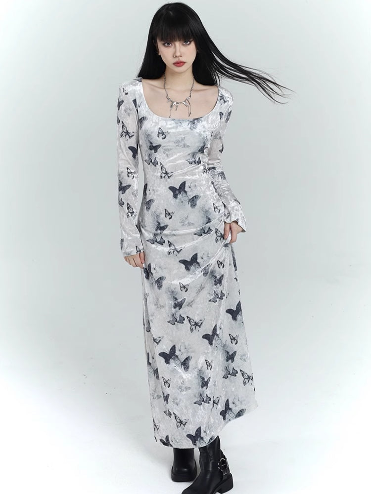 Robe moulante en velours blanc à imprimé papillon