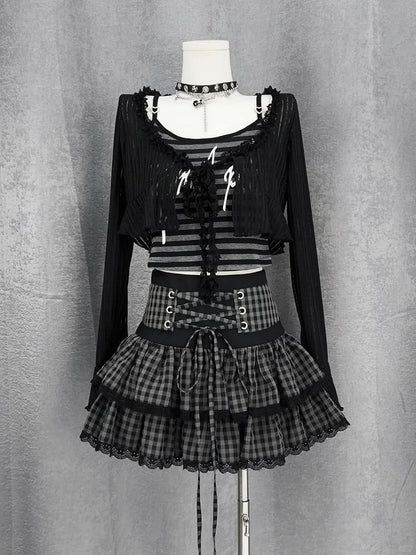 Self-tie Y2K Striped Cami Top with Black Cropped Coverup Set