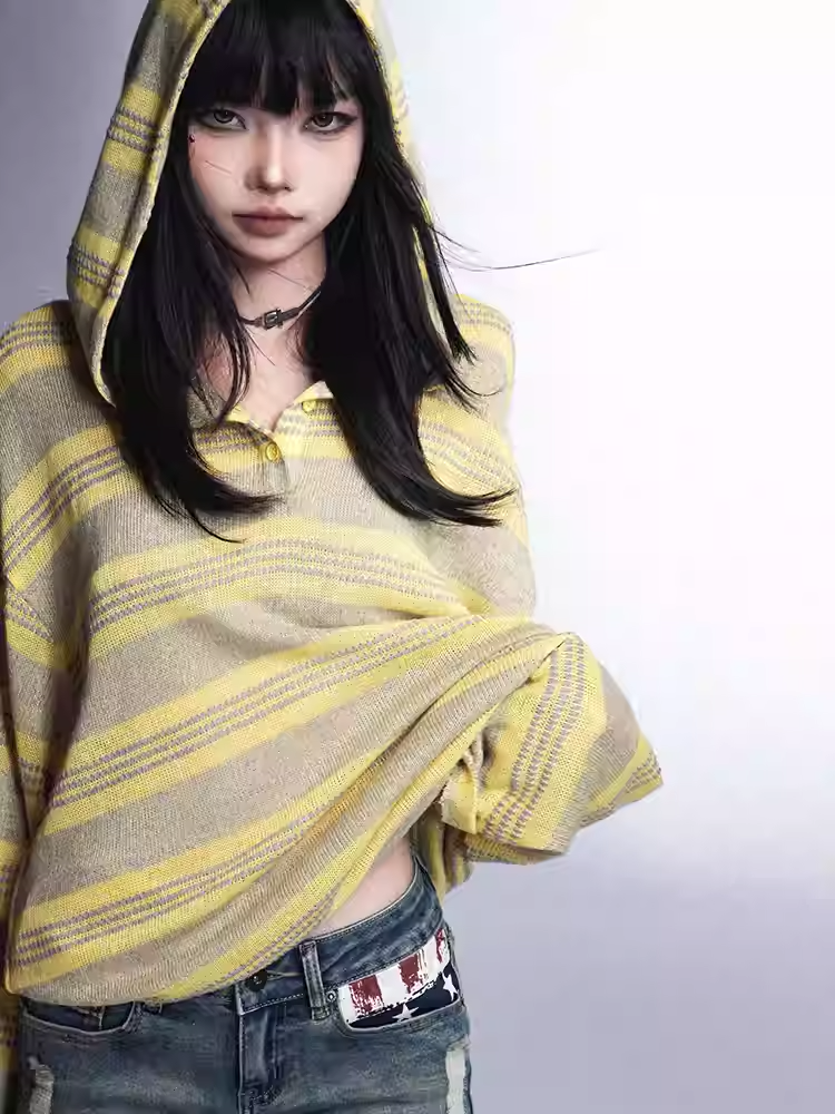 Loose Protection Yellow/Black Sun Top Knitted Hooded