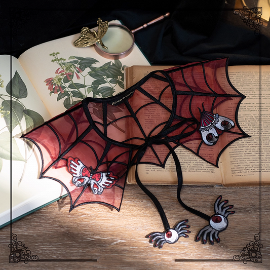 Red Spider Web Embroidery Detachable and Moth Butterfly Brooch with Fake Collar Black Organza