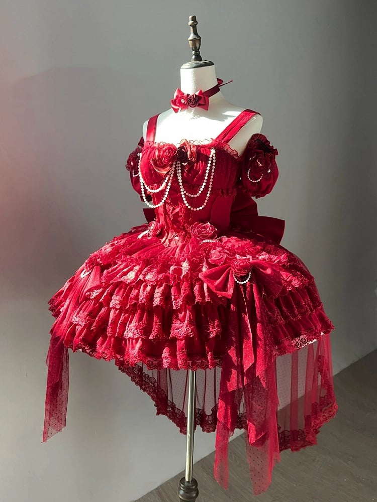 Waist Flower Basque Hem Fairy Skirt Dress Jumper Tiered Red Lolita Hanayome
