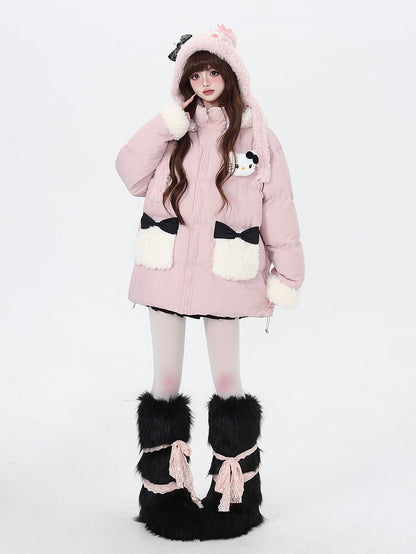 Black Pink Detachable Hood Plush Trim Thick Coat