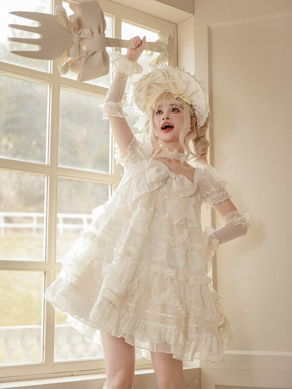 White Embroidered Bow Creamy Lolita Dress Sleeves Big Short Puff Neckline