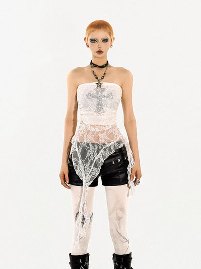 Sheer Tube White Lace Punk Y2K Top with Rhinestone Cross