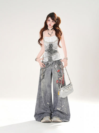 Cami Top Faux Gray/White Sweetheart Neckline Cross Print