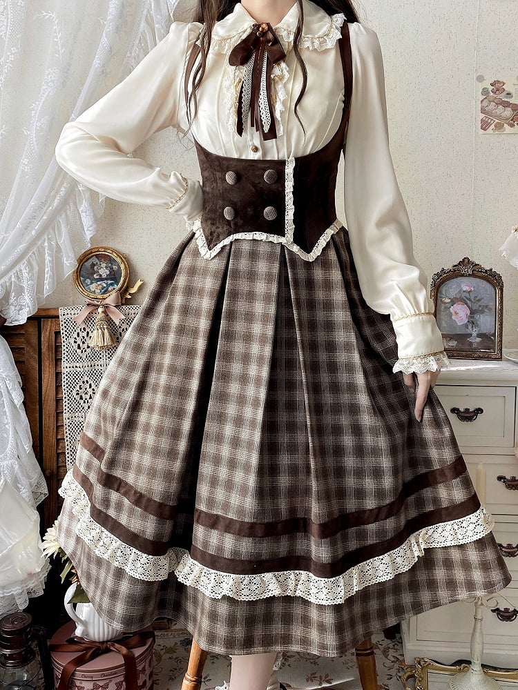 Brown Under Bust Plaid Pattern Lolita Dress Lolita Jumper Skirt