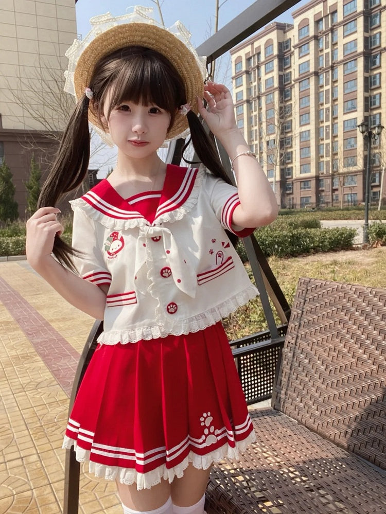Sailor Collar Bunny Ears Design JK Ruffled Pink/Red T-Shirt Uniform