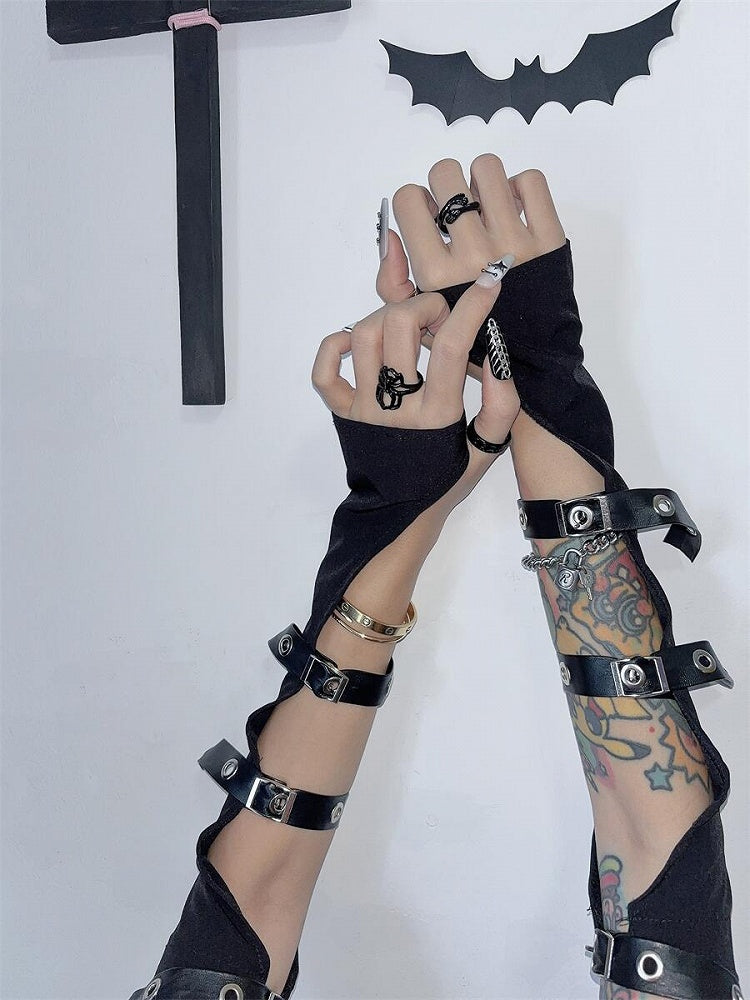 Black Punk Half Finger Gloves with Buckle Straps