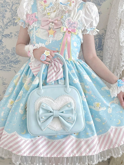 Heart Lolita Sweet Hand Plush Decorated Bowknot Blue Beaded Bag
