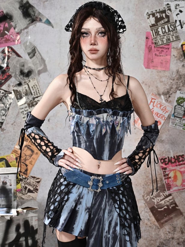 Grunge Punk Rock Fairy Blue Lace Cowl Neckline Boned Corset Tie Dye Cami Top