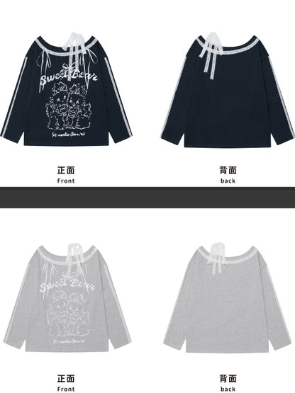 Navy Blue Cartoon Print Lace Accents Asymmetrical Neckline Top
