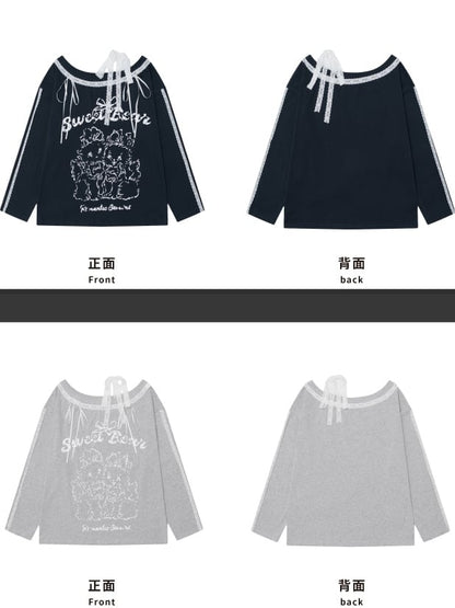 Grey Cartoon Lace Accents Asymmetrical Neckline Top
