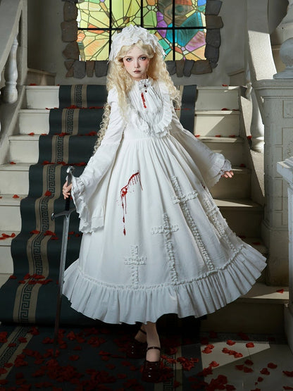 Langes und Ausschnittförmiges Rüschenkleid mit gerüschter Blutversion und Kreuz-Lolita-Stickerei, Gothic-Kleid, Weiß