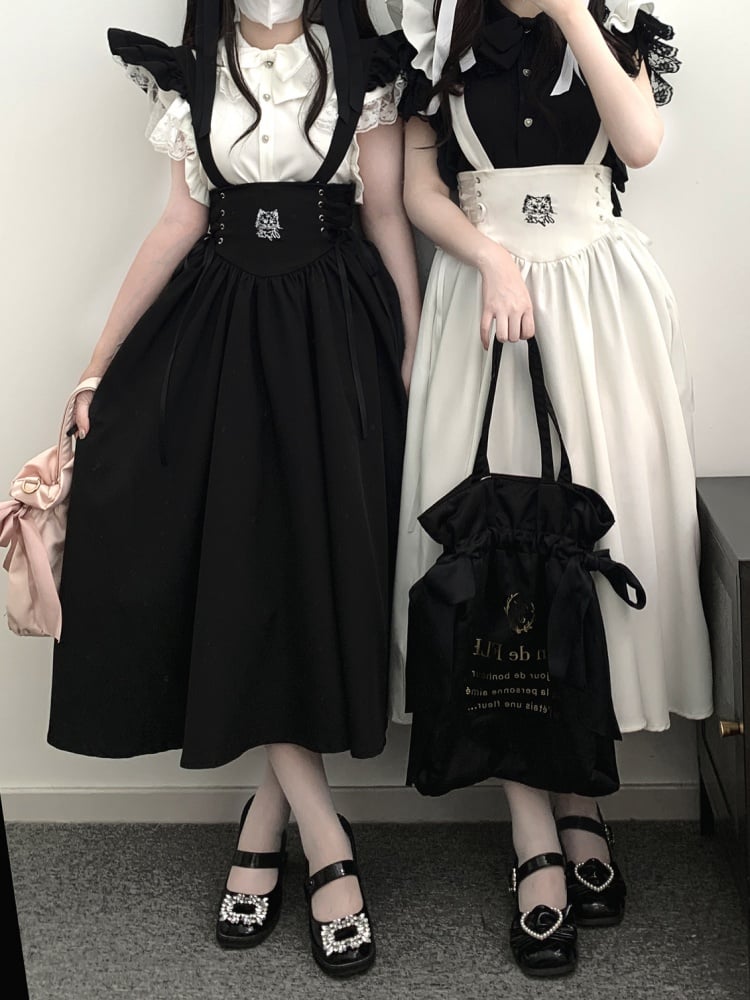 Black White Kitty Jirai Kei Overall Dress Lace-up Detail