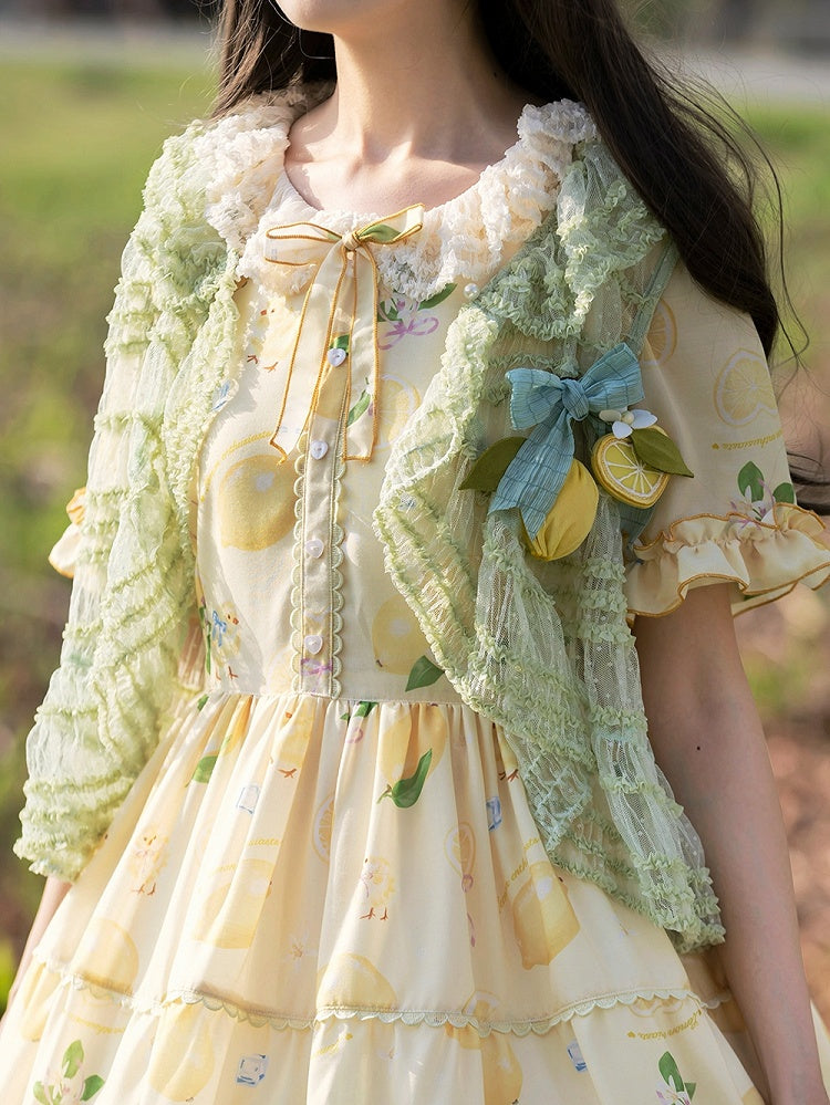 Open Placket Green Tulle Dotted Top