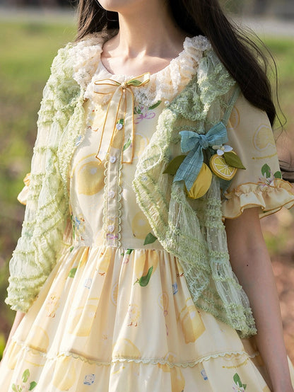 Open Placket Green Tulle Dotted Top