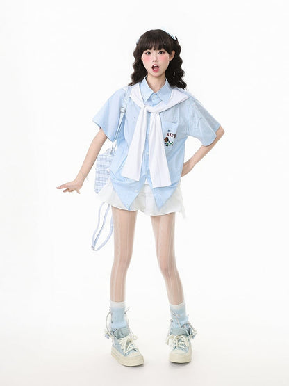 Short/long Sleeves Shirt with Decorated Blue Faux Sleeves and Adorable Dog Embroidery
